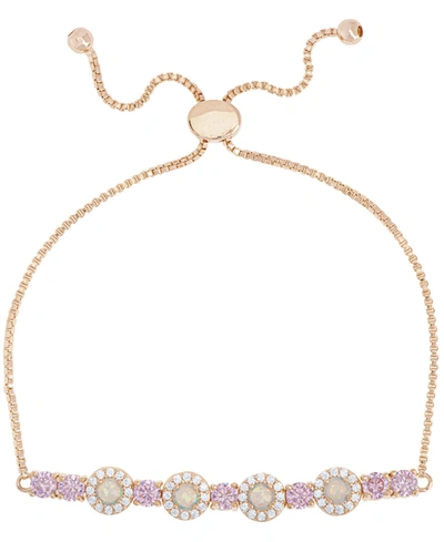 Macy's Simulated Opal And Pink Cubic Zirconia Round Adjustable Bolo Bracelet In Fine Rose Gold Plate In Rose Gold