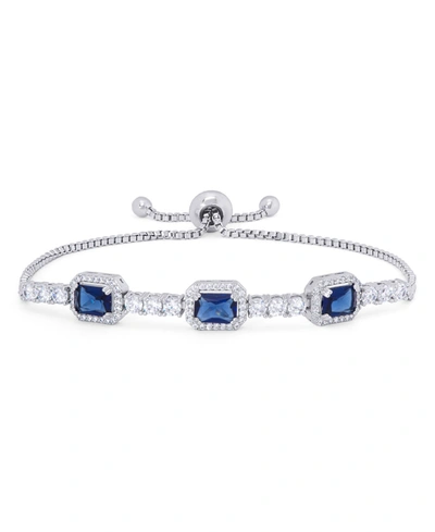 Macy's Lab Created Sapphire And Cubic Zirconia Emerald-cut Adjustable Bolo Bracelet In Fine Silver Plate In Silver