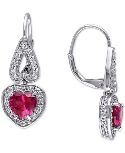 Macy's Lab-grown Ruby (3-1/5 Ct. T.w.) & Lab-grown White Sapphire (1-3/4 Ct. T.w.) Heart Drop Earrings In S In Ruby