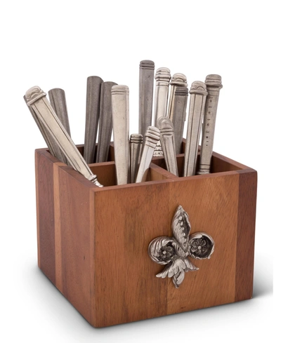Vagabond House Square Caddy Acacia Wood Flatware, Serve Ware, Utensil, Carry-all Holder With Solid Pewter Fleur De In Pewter