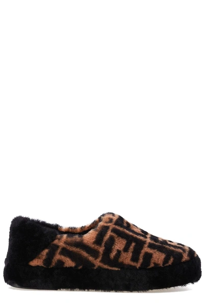 Shop Fendi Ff Print Shearling Loafers In Brown