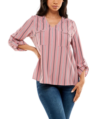 Shop Adrienne Vittadini Women's 3/4 Rollup Sleeve V-neck Top With Zipper Pockets In Marina Stripe Lilas