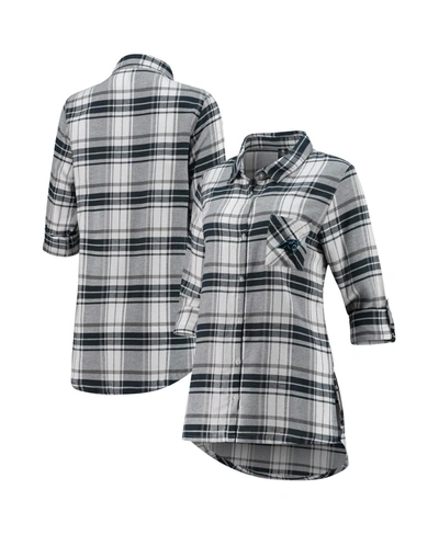 Shop Concepts Sport Women's Charcoal, Gray Carolina Panthers Accolade Flannel Long Sleeve Button-up Nightshirt In Charcoal/gray