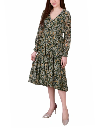 Ny Collection Women's Long Sleeve Clip Dot Chiffon Dress With Smocked Waist And Cuffs Dress In Olive Floral