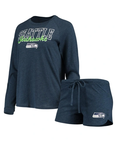 Shop Concepts Sport Women's College Navy Seattle Seahawks Meter Knit Long Sleeve Raglan Top And Shorts Sleep Set