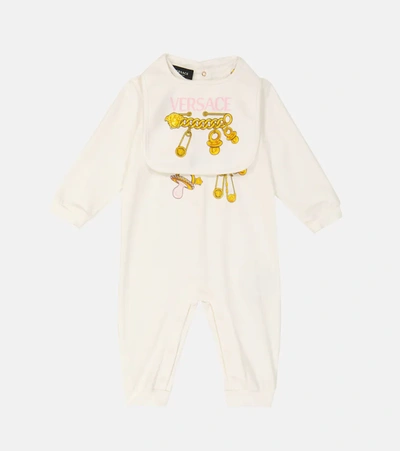 Shop Versace Baby Printed Onesie And Bib Set In Bianco+oro