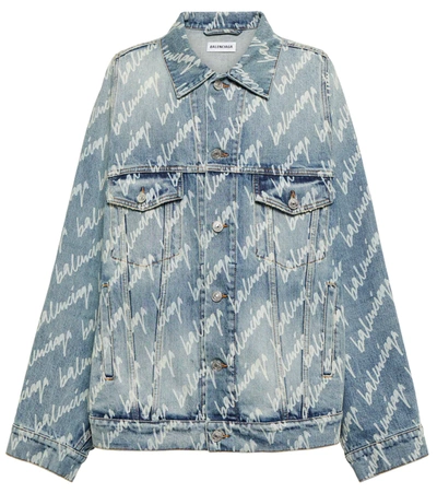 Shop Balenciaga Logo Denim Jacket In Light Blue