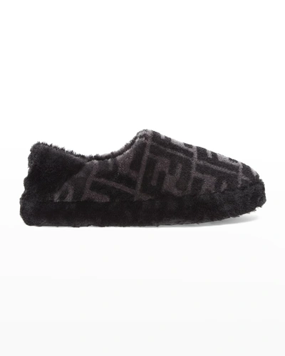 Shop Fendi Men's Ff Logo Shearling Slippers In Asfalto Neronero