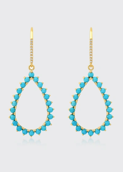 Shop Jennifer Meyer 3-prong Turquoise Open Teardrop Earrings In Yellow Gold