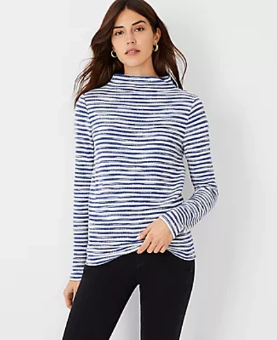 Shop Ann Taylor Tweed Stripe Funnel Neck Sweatshirt In Deep Royal Blue