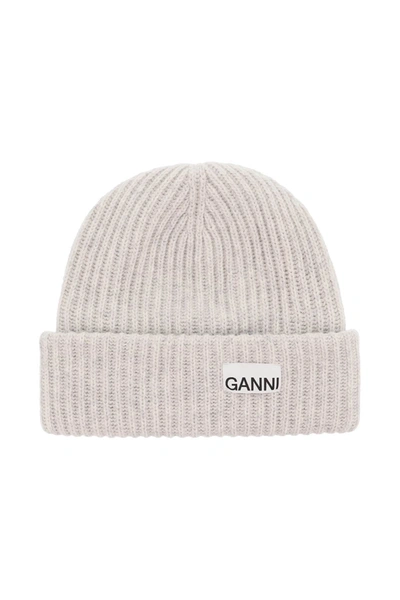 Shop Ganni Logo Patch Ribbed Knit Beanie In Grey