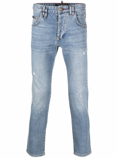 Shop Philipp Plein Distressed Straight-cut Jeans In Blue