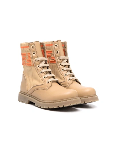 Fendi Beige Boots For Kids With Double Orange Ff In Brown
