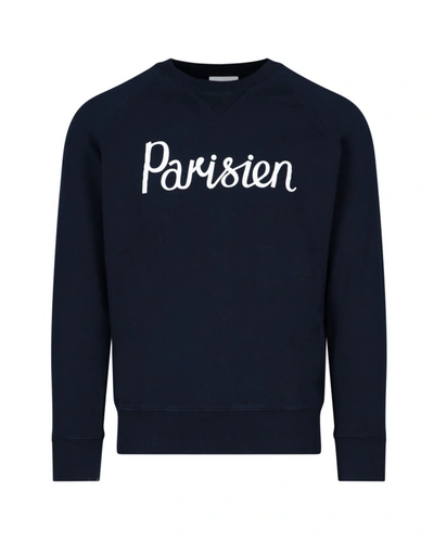 Shop Maison Kitsuné Parisien Printed Crewneck Sweatshirt In Navy