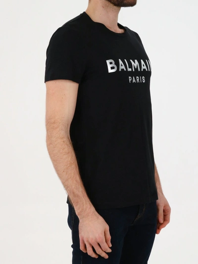 Shop Balmain Silver Logo Black T-shirt In Black/silver