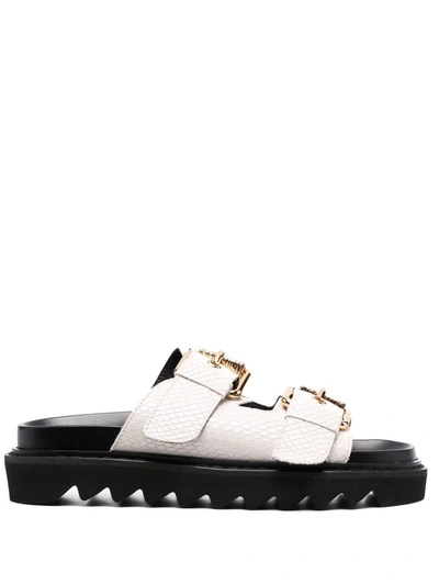 Shop Moschino Double Leather Buckled Sandals In White