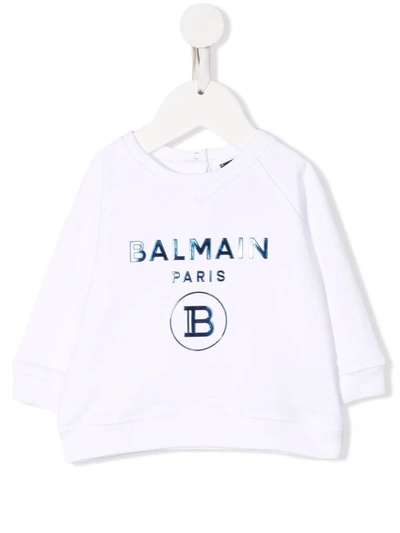 Shop Balmain Metallic Logo-print Sweatshirt In White