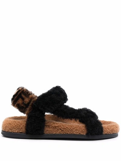 Shop Fendi Feel Shearling Sandals In Black