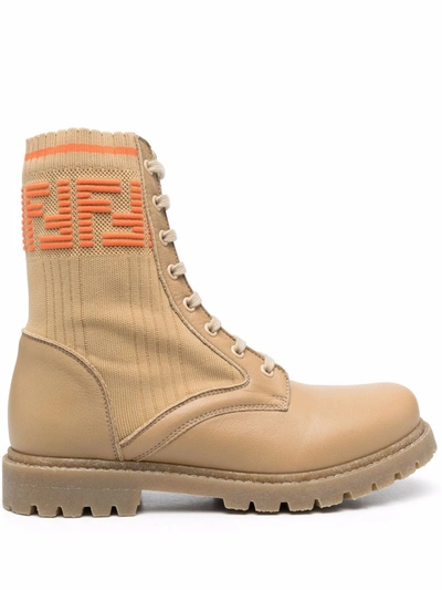Fendi Beige Boots For Kids With Double Orange Ff In Brown
