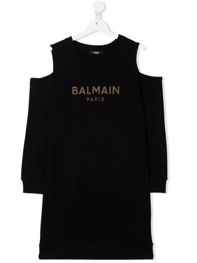 Shop Balmain Teen Cold-shoulder Cotton Dress In Black