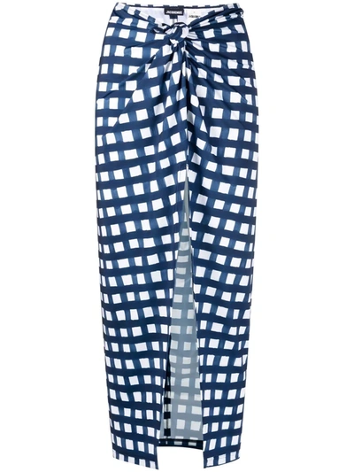 Shop Jacquemus Plaid-print Knotted Midi Skirt In Blue