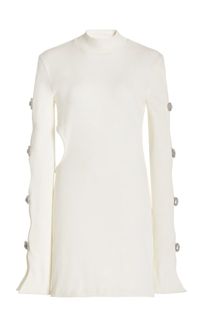 Mach&mach Mach And Mach Crystal Bow Long Sleeve Cutout Knit Minidress In White
