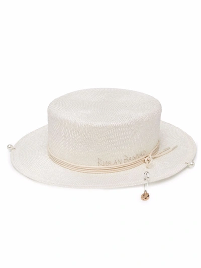 Shop Ruslan Baginskiy Piercing Embellished Boater Straw Hat In Neutrals