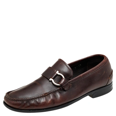 Pre-owned Ferragamo Brown Leather Gancio Slip On Loafers Size 40