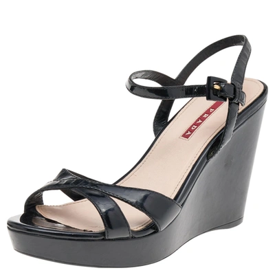 Pre-owned Prada Black Patent Leather Wedge Platform Ankle Strap Sandals Size 38