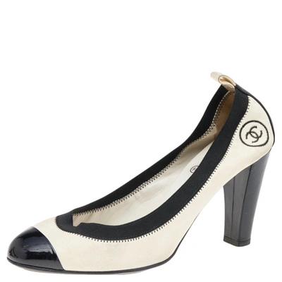 Chanel Leather And Patent CC Cap Toe Scrunch Block Heel Pumps Size 40.5