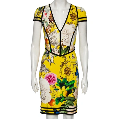 Pre-owned Roberto Cavalli Yellow Floral Printed Jersey Cap Sleeve Short Dress M