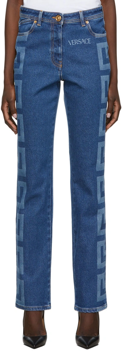 Shop Versace Blue Greca Jeans In 1d100 Dark Blue