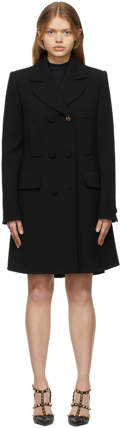 Shop Versace Black Wool Double Breasted Coat In 1b000 Black