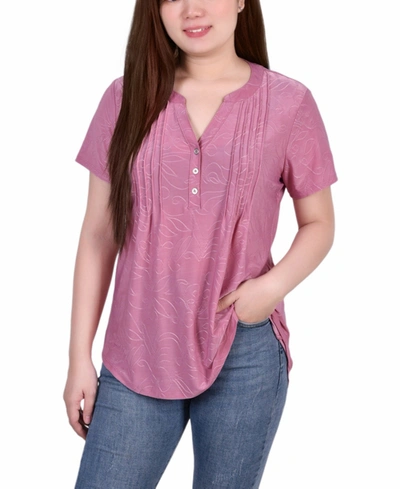 Shop Ny Collection Petite Short Sleeve Y-neck Jacquard Knit Top In Polignac