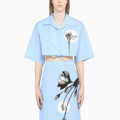 Shop Prada Sky Blue Printed Cropped Short-sleeved Shirt In Light Blue