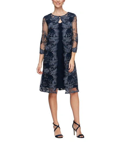 Shop Alex Evenings Embroidered Jacket Dress In Navy