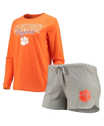 Shop Concepts Sport Women's Orange, Gray Clemson Tigers Raglan Long Sleeve T-shirt And Shorts Sleep Set In Orange/gray
