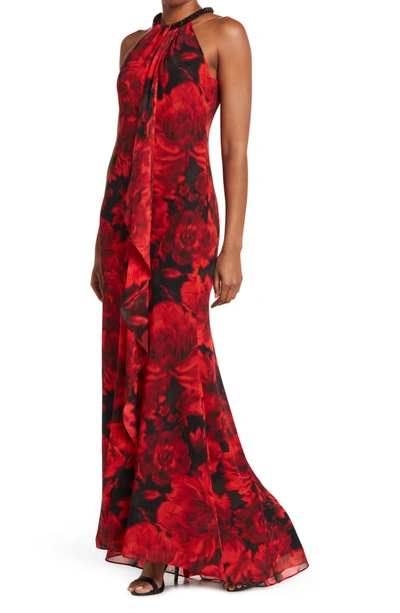 Calvin Klein Floral Chiffon Halter Necklace Ball Gown In Black Red |  ModeSens
