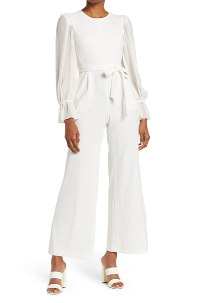 Calvin Klein Belted Chiffon Sleeve Jumpsuit In Cream | ModeSens