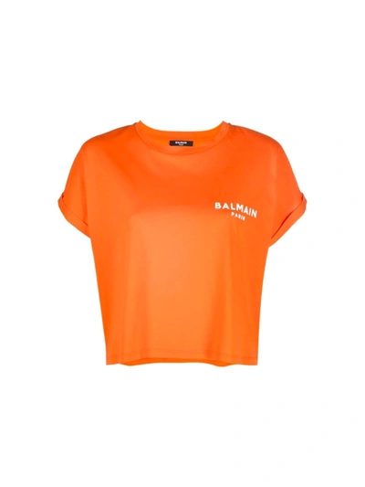 Shop Balmain Cropped Ss Flock Detail T-shirt In Kba Orange Foncé Blanc