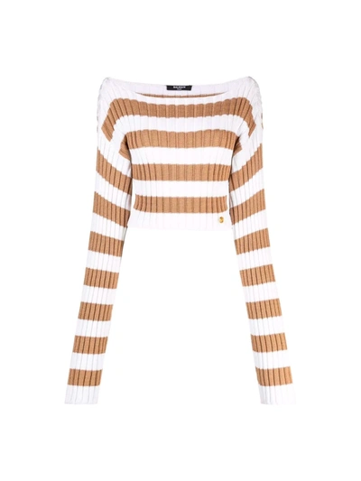 Shop Balmain Sweater With Striped Pattern In Ggv Blanc Sable
