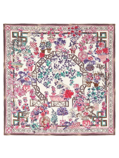 Shop Ferragamo Ivory, Pink And Purple Silk Foulard In Fantasia