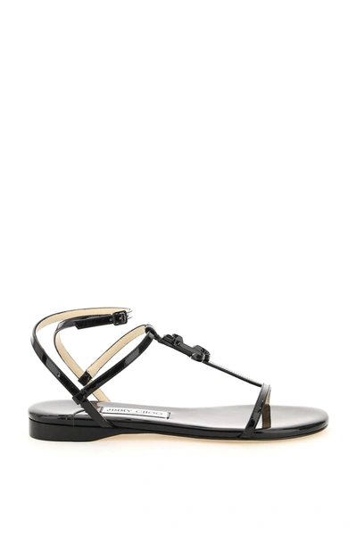 Shop Jimmy Choo Patent Leather Alodie Flat Sandals In Black (black)