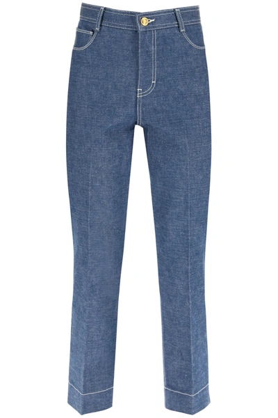 Shop Tory Burch Cropped Jeans In Unwashed Rinse (blue)