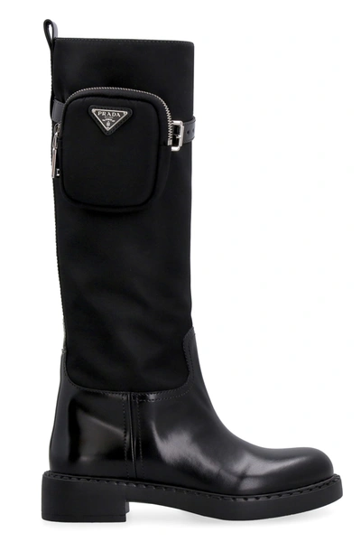 Shop Prada Leather And Re-nylon Boots In Black
