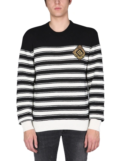 Balmain Striped Knit Wool Blend Sweater W/ Badge In Multicolor