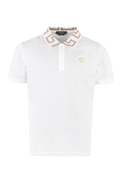 Shop Versace Stretch Cotton Piqué Polo Shirt In White