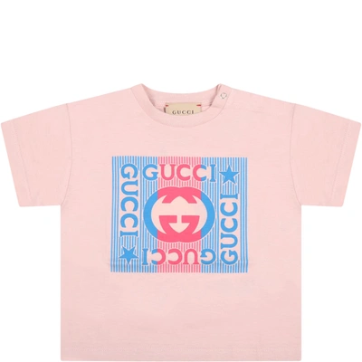 Shop Gucci Pink T-shirt For Babykids With Red And Blue Logo