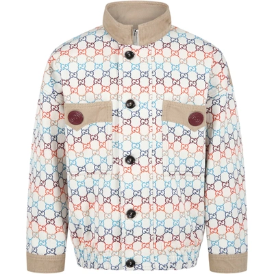 Shop Gucci Ivory Jacket For Kids With Coloful Double Gg