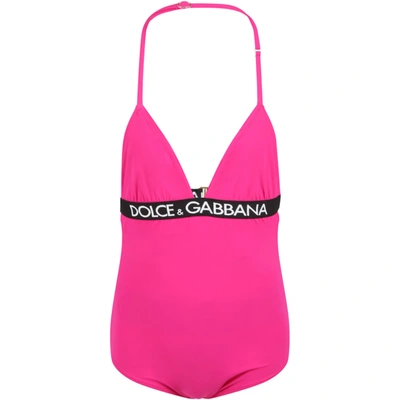 Shop Dolce & Gabbana Fuuchis Swimsuit For Girl With Logos In Fuchsia